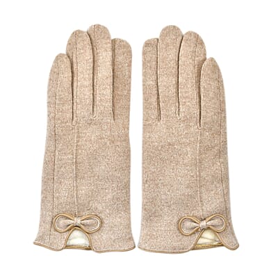 Beige Cashmere Warm Gloves with Bowknot and Equipped Touch Screen Friendly 