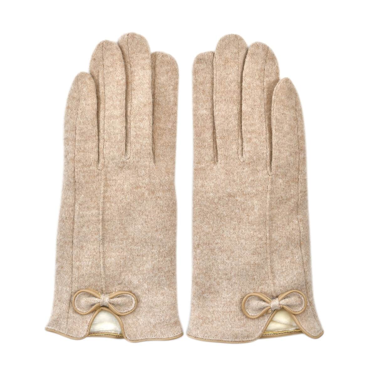 Beige Cashmere Warm Gloves with Bowknot and Equipped Touch Screen Friendly (9.2"x3.54") image number 0