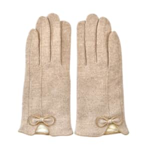 Beige Cashmere Warm Gloves with Bowknot and Equipped Touch Screen Friendly 