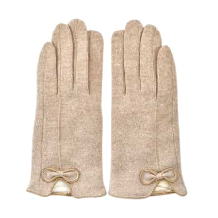 Beige Cashmere Warm Gloves with Bowknot and Equipped Touch Screen Friendly  image number 0