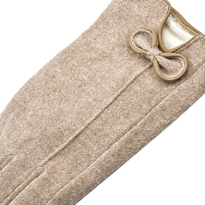 Beige Cashmere Warm Gloves with Bowknot and Equipped Touch Screen Friendly 