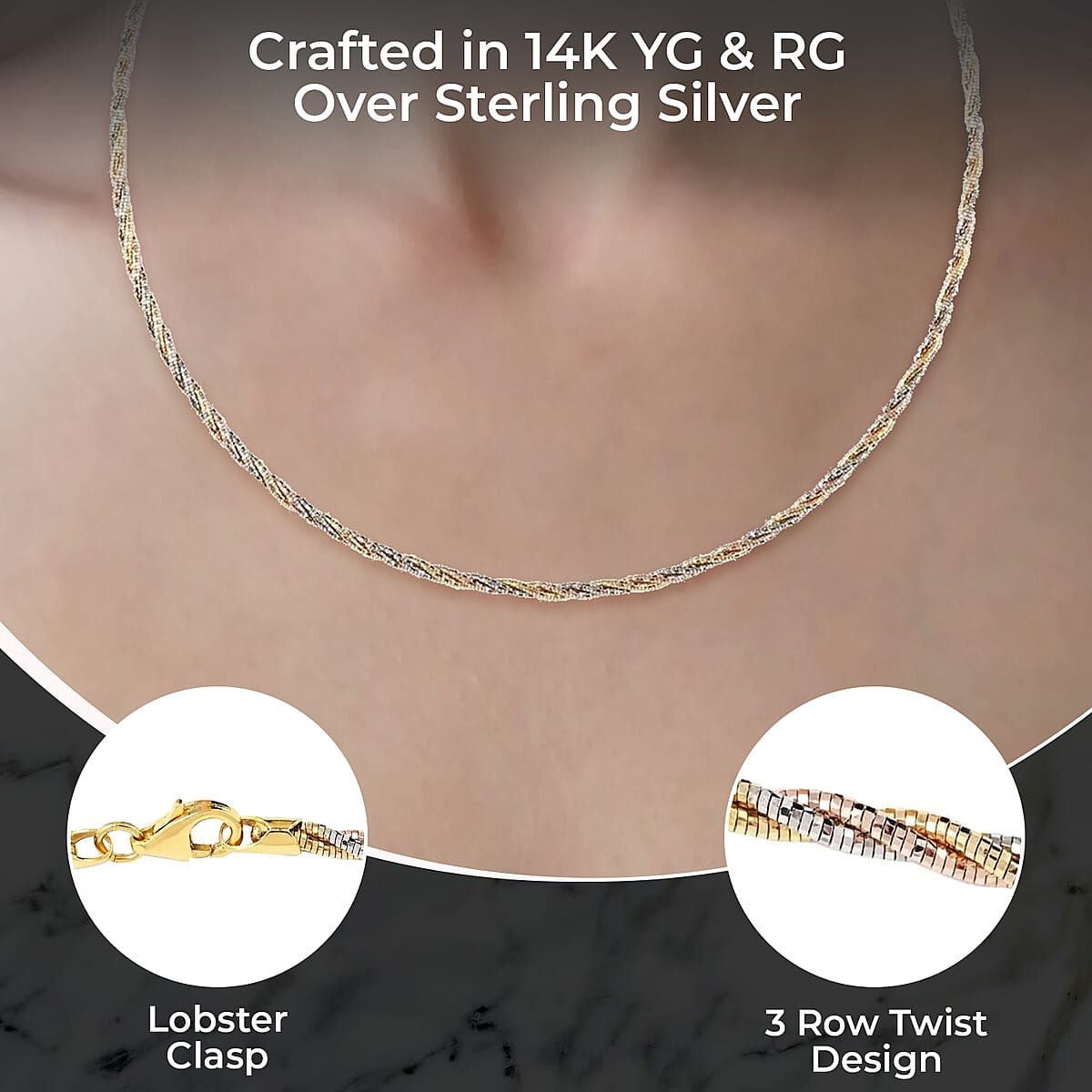 3 Row Twist Spring Omega Necklace, 14K Rose Gold And Yellow Gold Over Sterling Silver Necklace, 18 Inch Necklace, Dual Tone Necklace  2.7mm 13.20 Grams image number 2