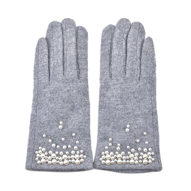 Gray Cashmere Blend Gloves with Pearl Bead Detail and Touch Screen Function – One Size Fits Most
