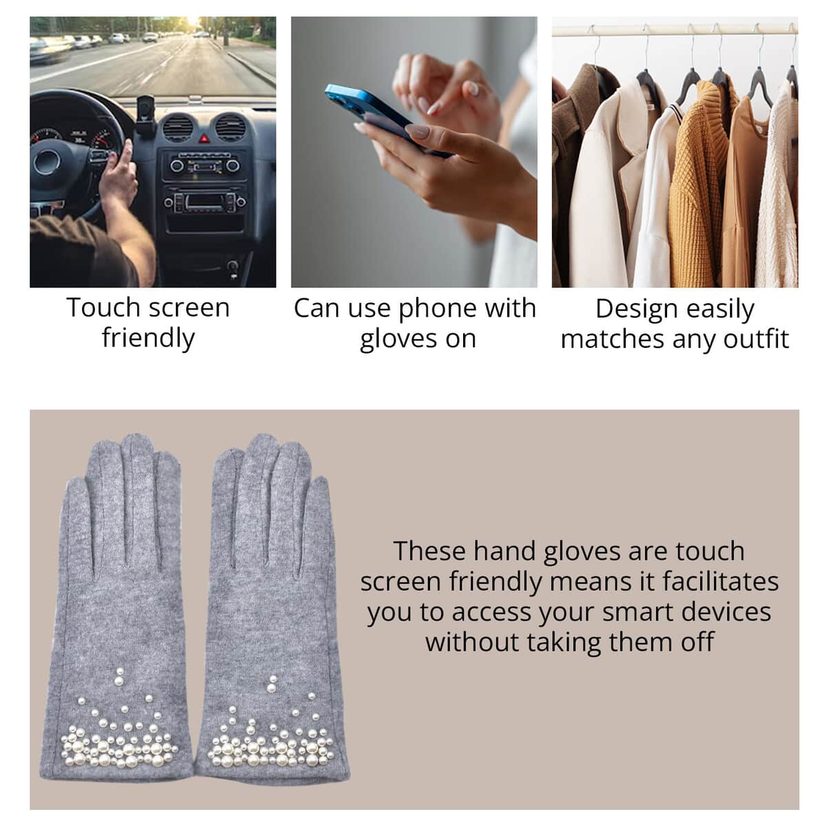 Grey Cashmere Warm Gloves with Bowknot and Equipped Touch Screen Friendly (9.2"x3.54") image number 2