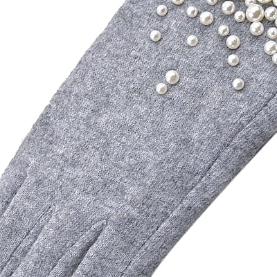 Gray Cashmere Blend Gloves with Pearl Bead Detail and Touch Screen Function – One Size Fits Most
