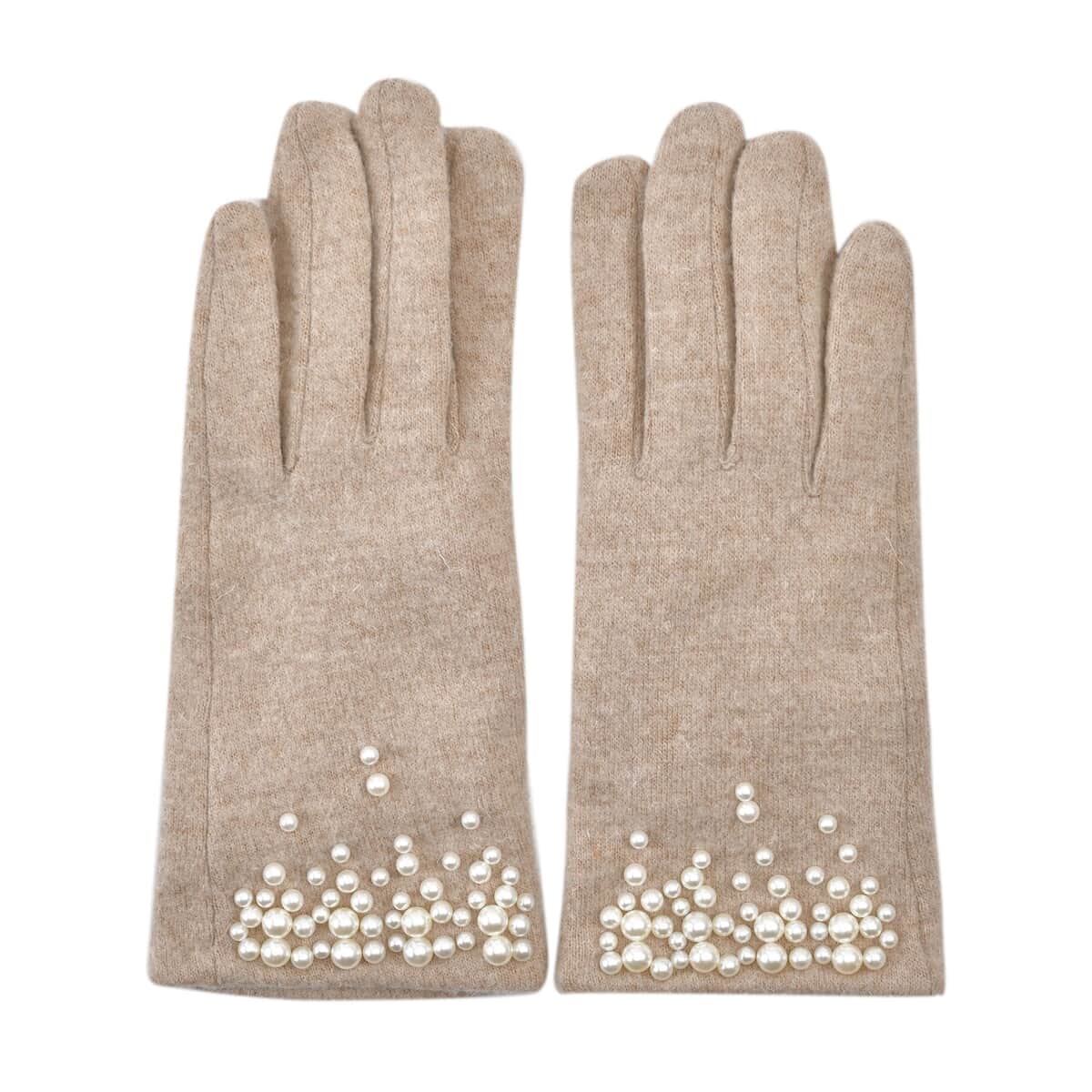 Beige Cashmere Blend Gloves with Pearl Bead Detail and Touch Screen Function – One Size Fits Most image number 0