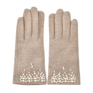 Beige Cashmere Blend Gloves with Pearl Bead Detail and Touch Screen Function – One Size Fits Most