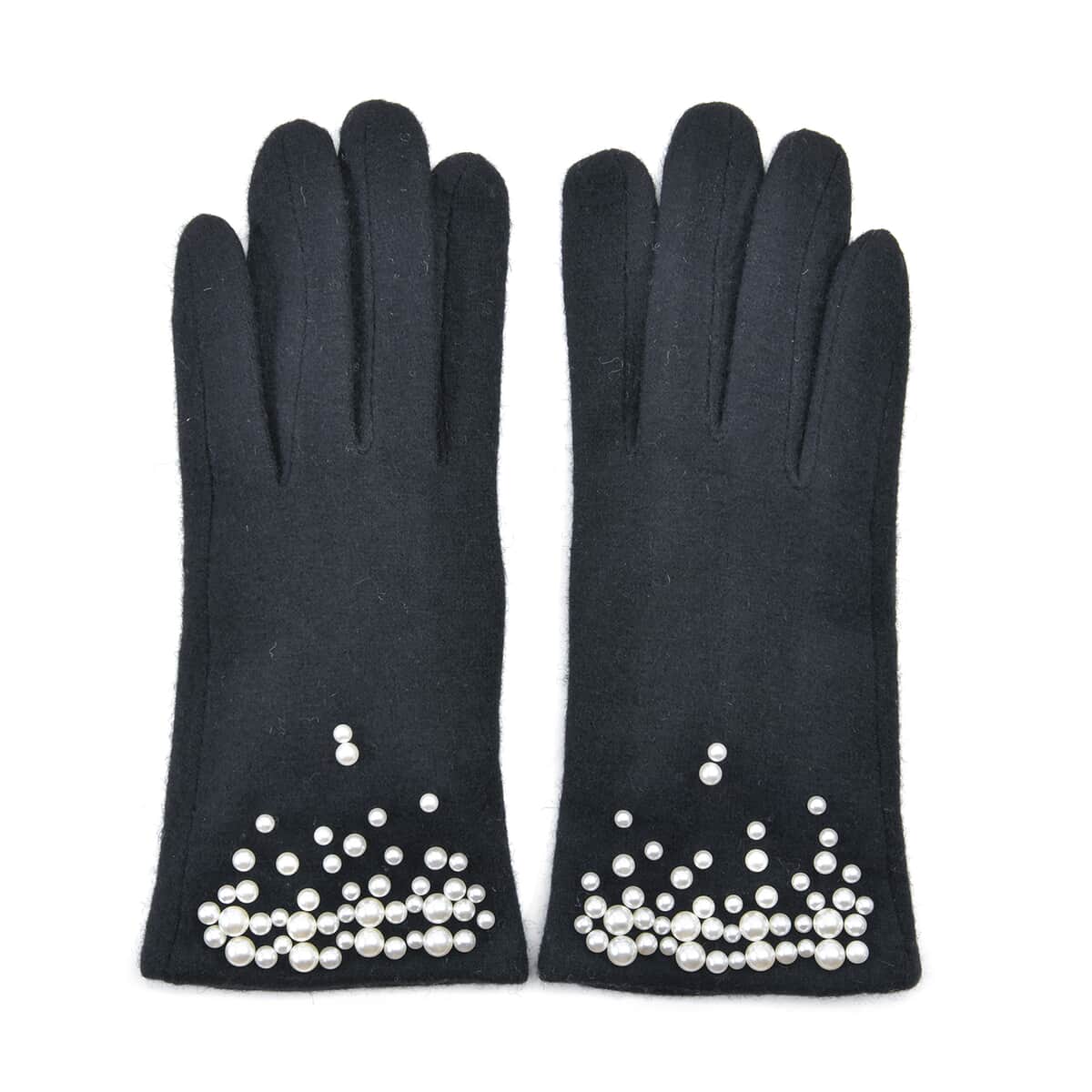 Black Cashmere Blend Gloves with Pearl Bead Detail and Touch Screen Function – One Size Fits Most image number 0