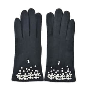 Black Cashmere Blend Gloves with Pearl Bead Detail and Touch Screen Function – One Size Fits Most