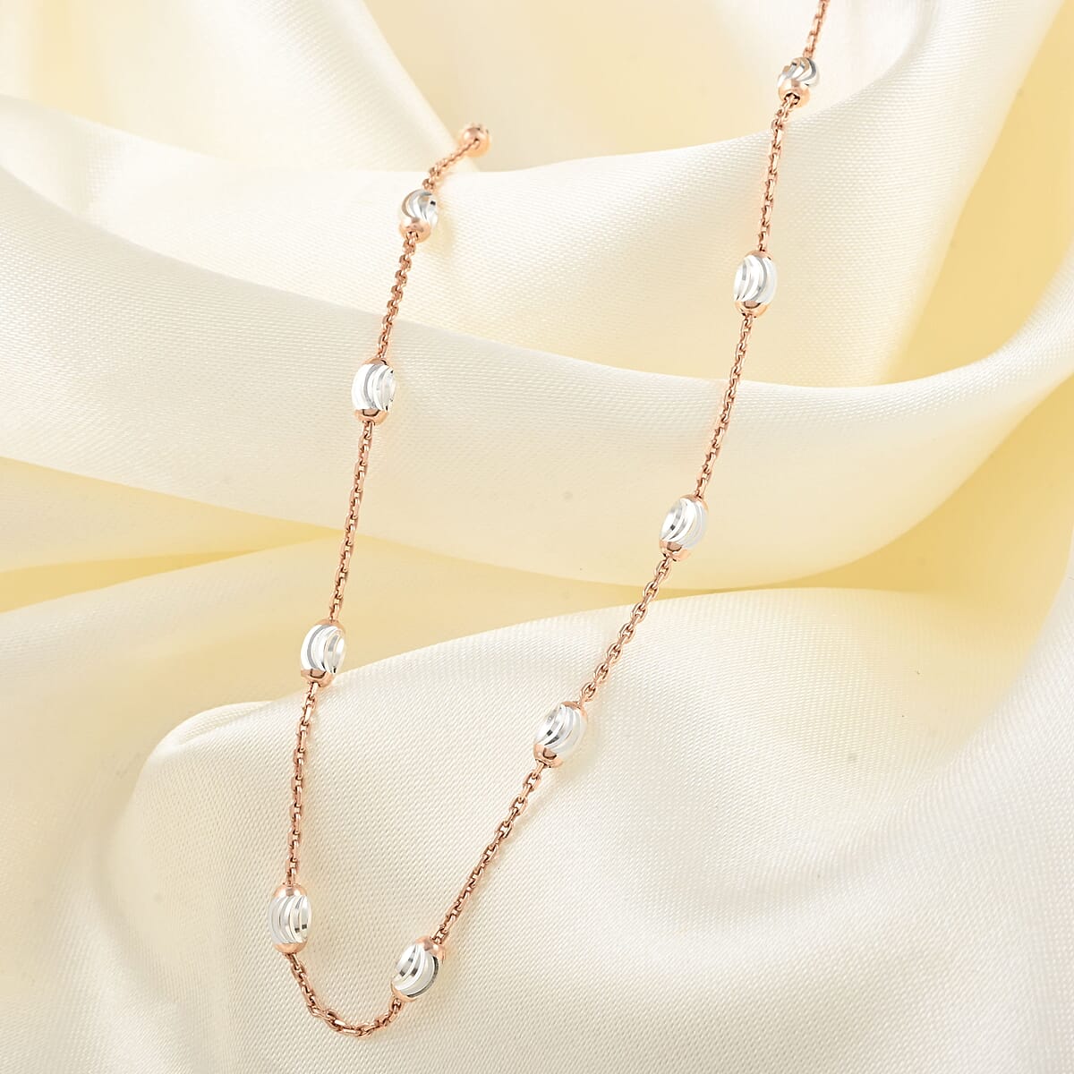 14K Rose Gold Over and Sterling Silver 3mm Station Oval Moon Diamond Cut Chain Necklace 18-20 Inches 4.50 Grams image number 1