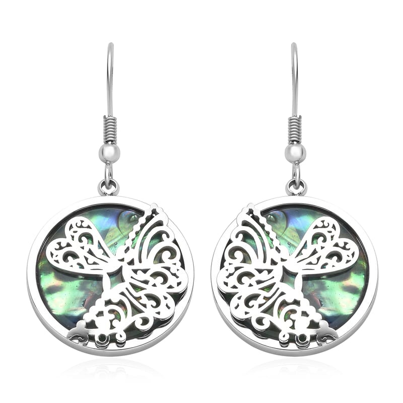 Abalone Shell Dragonflies Earrings in Stainless Steel 1.00 ctw