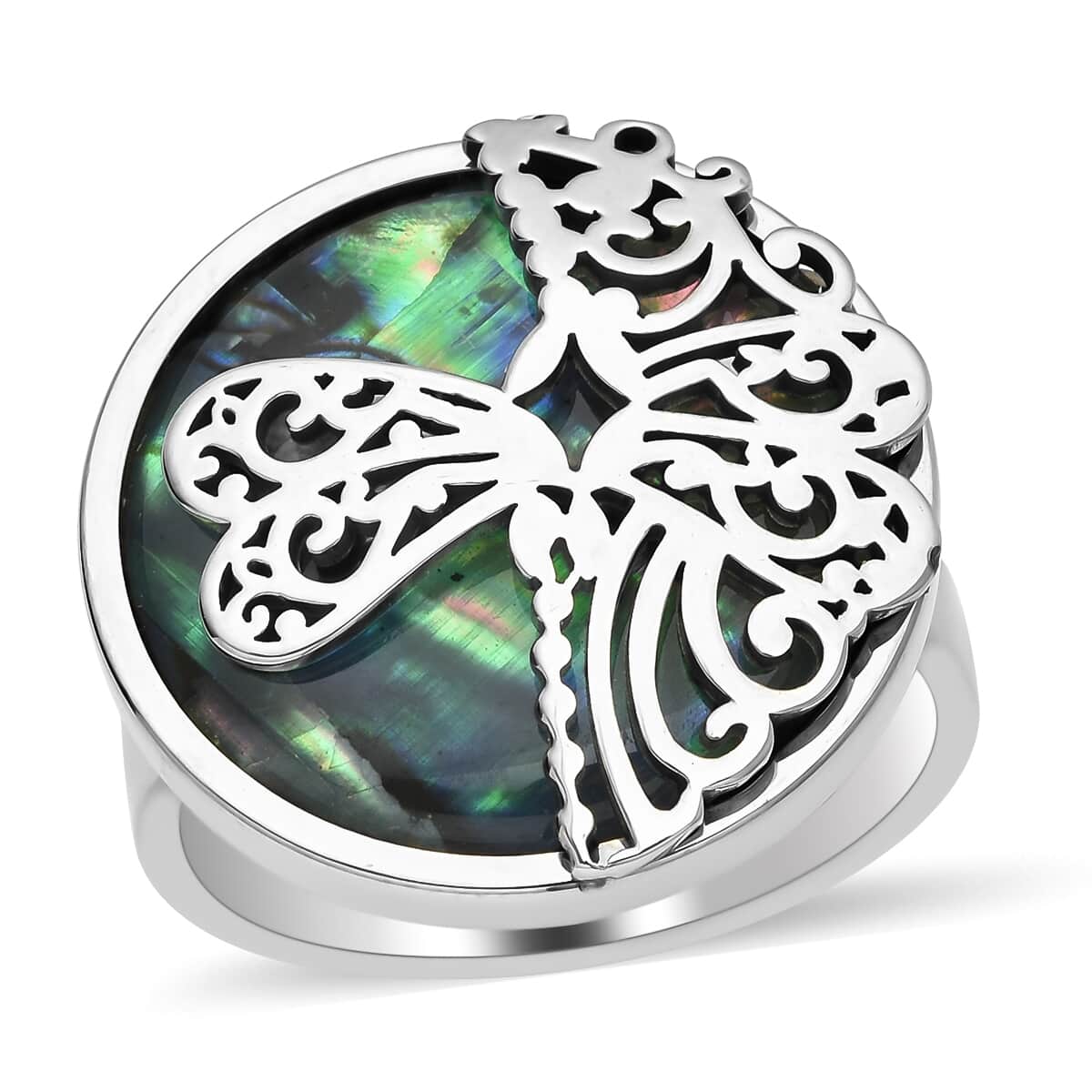 Abalone Shell Dragonflies Ring in Stainless Steel (Size 7.0) image number 0