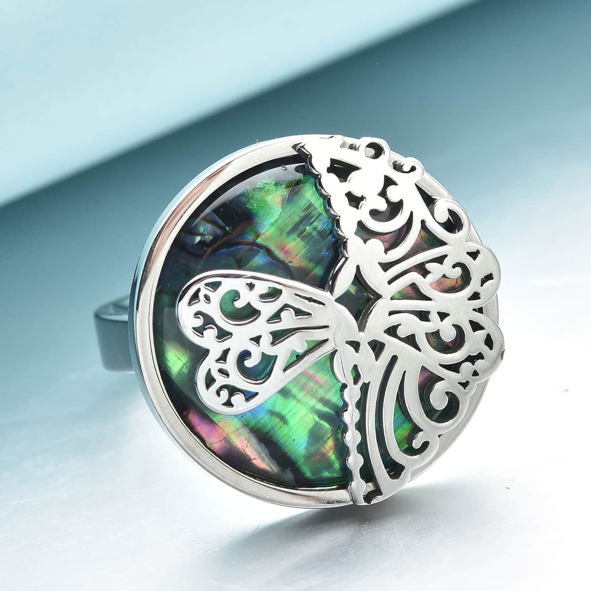 Abalone Shell Dragonflies Ring in Stainless Steel (Size 7.0) image number 1
