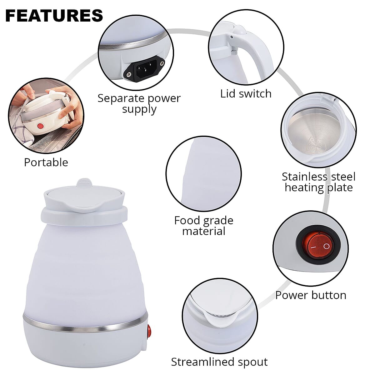 White Silicone Foldable Electric Kettle in Stainless Steel - 0.6L (UL Certificate Plug) image number 2