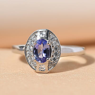 Tanzanite and White Zircon 0.90 ctw Ring in Platinum Over Sterling Silver
