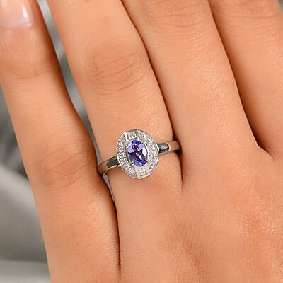 Tanzanite and White Zircon 0.90 ctw Ring in Platinum Over Sterling Silver