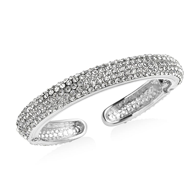 White Austrian Crystal and Enameled Sparkling Cuff Bracelet in Silvertone (6.75 in)