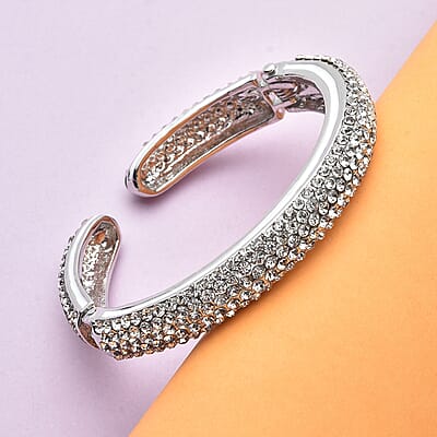 White Austrian Crystal and Enameled Sparkling Cuff Bracelet in Silvertone (6.75 in)