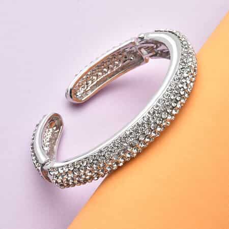 White Austrian Crystal and Enameled Sparkling Cuff Bracelet in Silvertone (6.75 in) image number 1