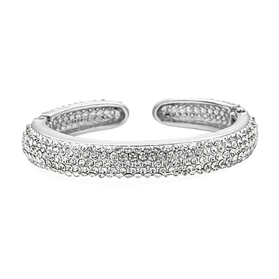 White Austrian Crystal and Enameled Sparkling Cuff Bracelet in Silvertone (6.75 in)
