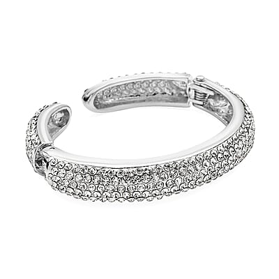 White Austrian Crystal and Enameled Sparkling Cuff Bracelet in Silvertone (6.75 in)