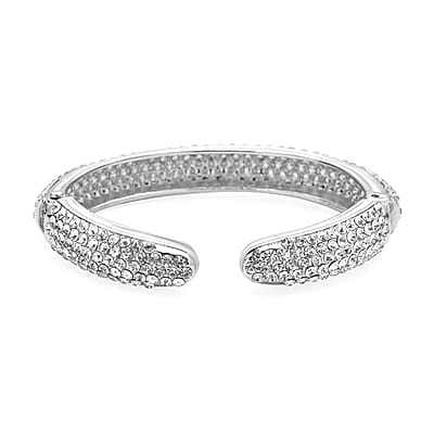 White Austrian Crystal and Enameled Sparkling Cuff Bracelet in Silvertone (6.75 in)