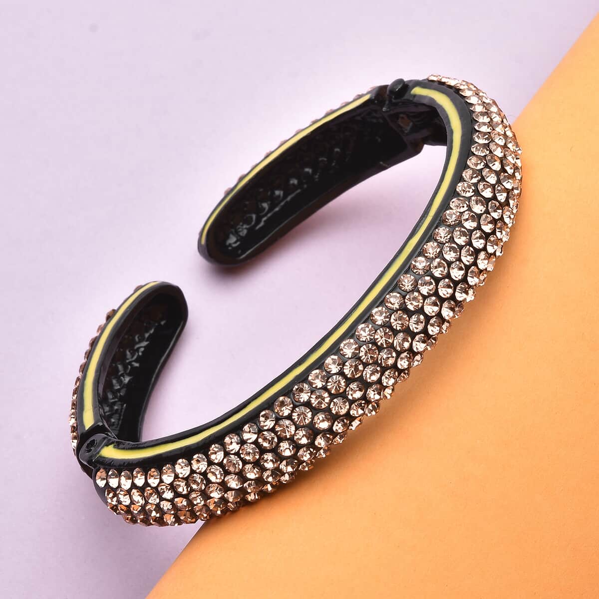 Champagne Austrian Crystal and Enameled Sparkling Cuff Bracelet in Black Silvertone (6.75 in) image number 1