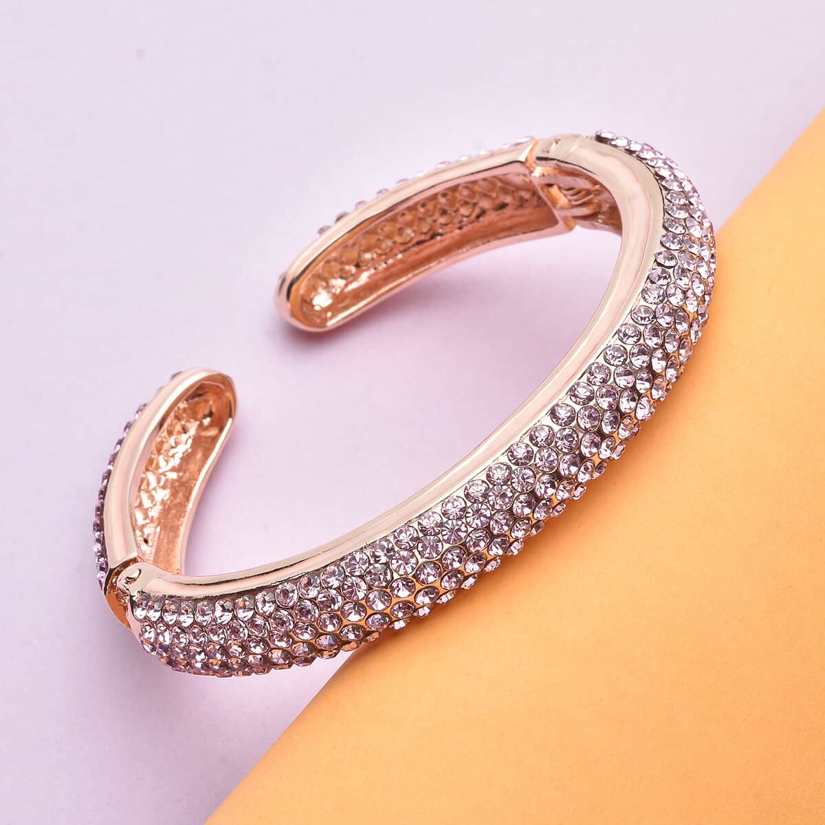 Pink Austrian Crystal and Enameled Sparkling Cuff Bracelet in Rosetone (6.75 in) image number 1