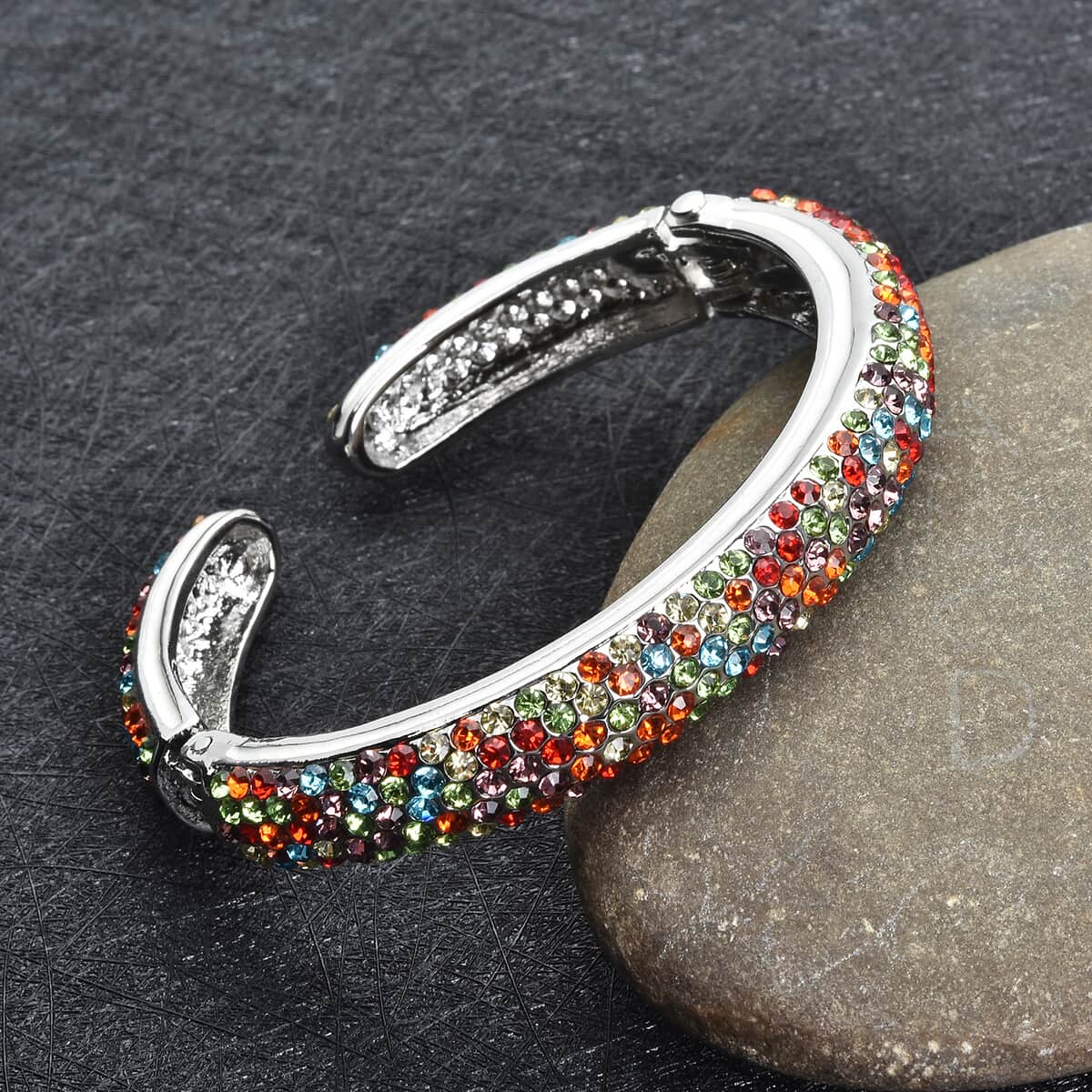 Multi Color Austrian Crystal and Enameled Sparkling Cuff Bracelet in Silvertone (6.75 in) image number 1