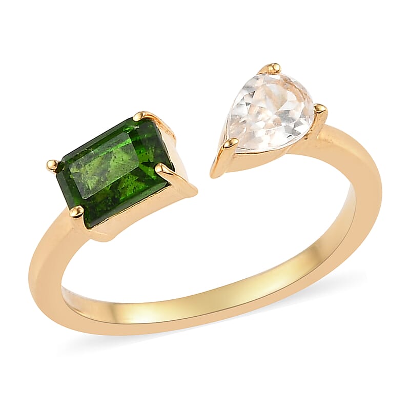 SUMMER DEALS Natural Chrome Diopside and Natural White Zircon Mixed Shape Openable Band Ring in Vermeil Yellow Gold Over Sterling Silver (Size 6.0) 1.20 ctw