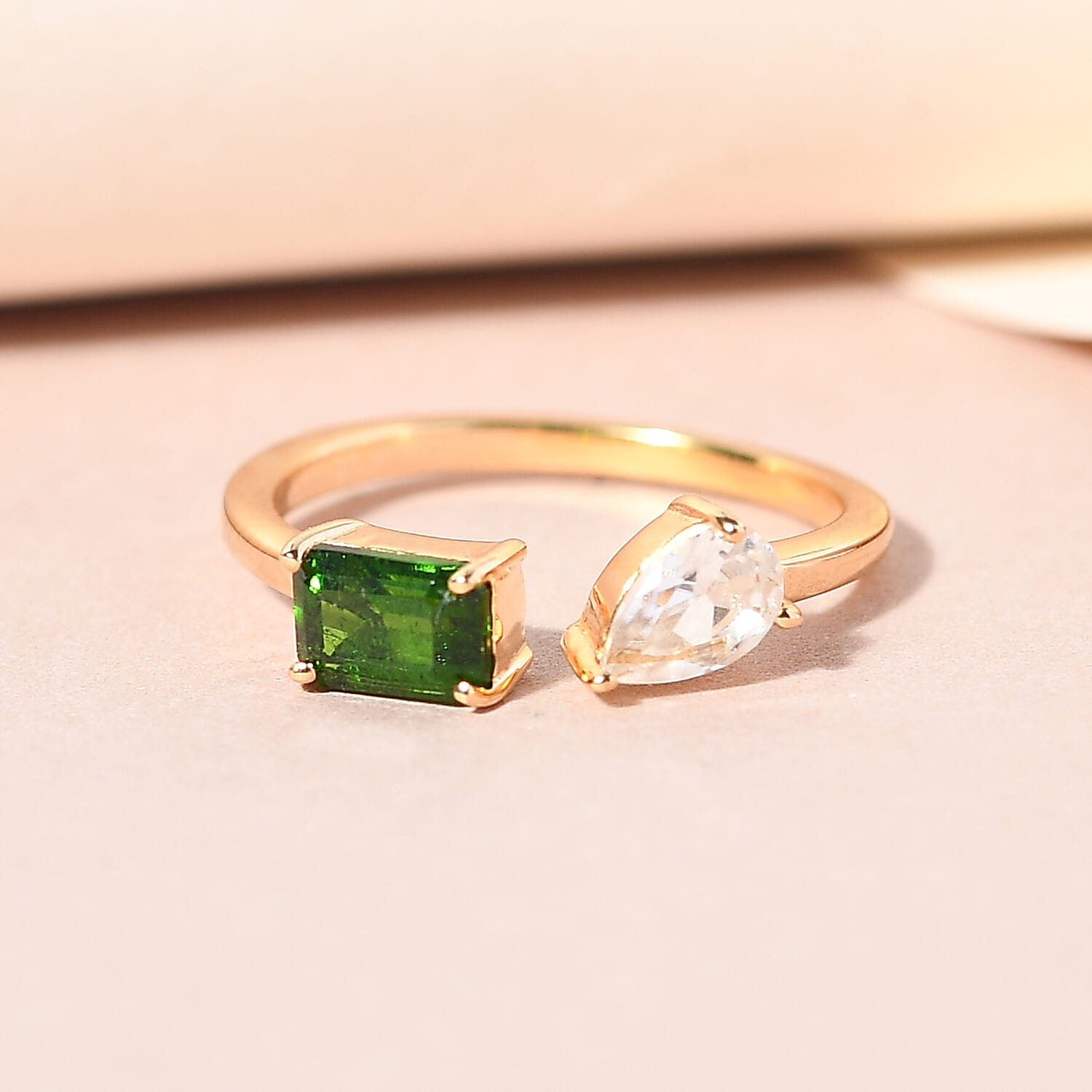 SUMMER DEALS Natural Chrome Diopside and Natural White Zircon Mixed Shape Openable Band Ring in Vermeil Yellow Gold Over Sterling Silver (Size 6.0) 1.20 ctw