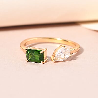 SUMMER DEALS Natural Chrome Diopside and Natural White Zircon Mixed Shape Openable Band Ring in Vermeil Yellow Gold Over Sterling Silver (Size 6.0) 1.20 ctw