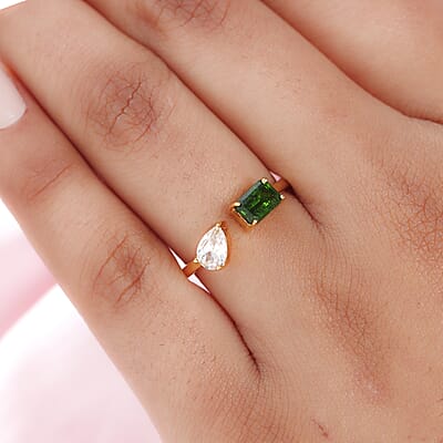 SUMMER DEALS Natural Chrome Diopside and Natural White Zircon Mixed Shape Openable Band Ring in Vermeil Yellow Gold Over Sterling Silver (Size 6.0) 1.20 ctw