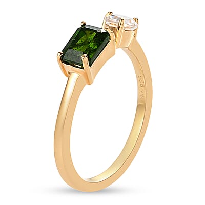 SUMMER DEALS Natural Chrome Diopside and Natural White Zircon Mixed Shape Openable Band Ring in Vermeil Yellow Gold Over Sterling Silver (Size 6.0) 1.20 ctw