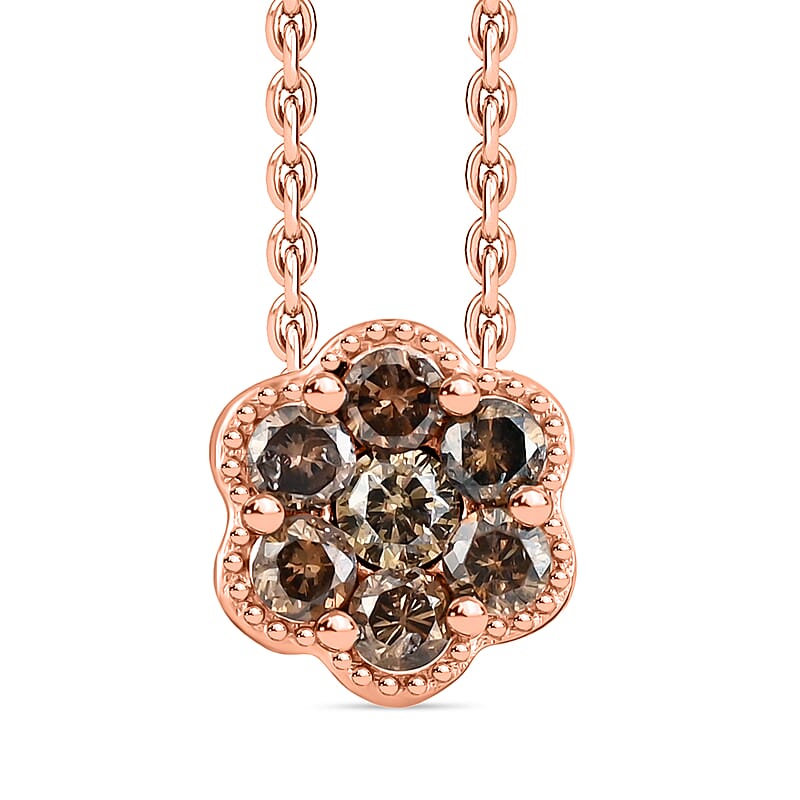 NY Closeout Natural Champagne Diamond Pressure Set Floral Necklace 18 Inches in 14K Rose Gold Over Sterling Silver 0.33 ctw