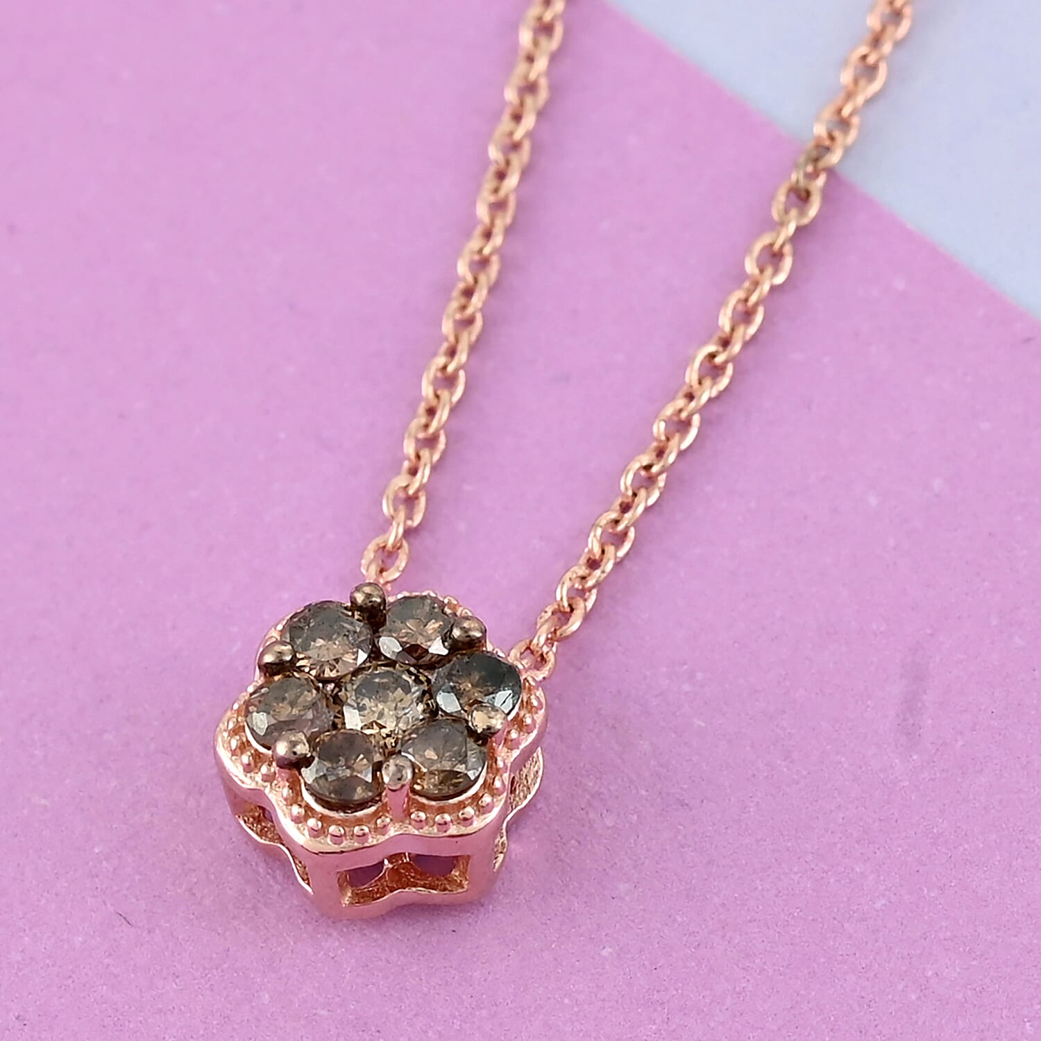 NY Closeout Natural Champagne Diamond Pressure Set Floral Necklace 18 Inches in 14K Rose Gold Over Sterling Silver 0.33 ctw