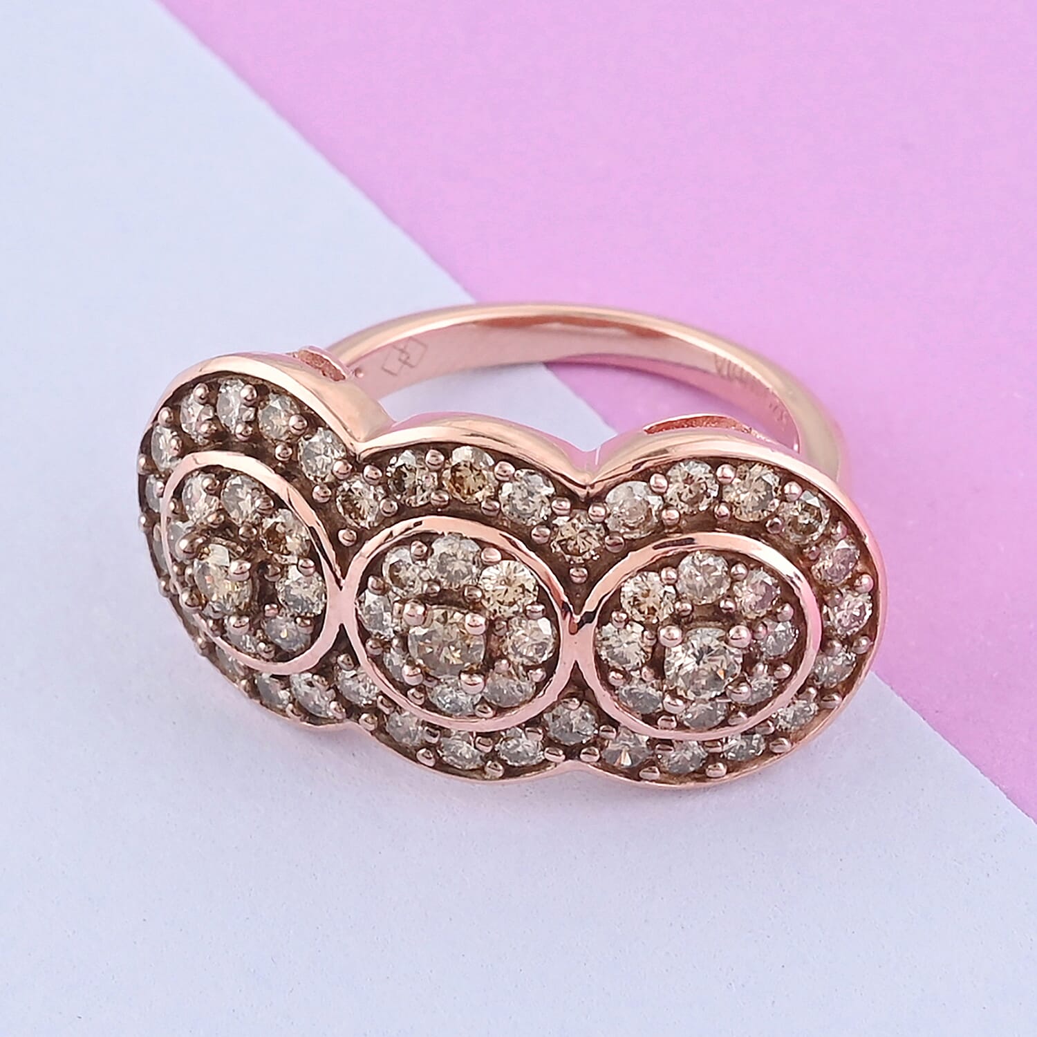 Natural Champagne Diamond Trilogy Circle Ring in 14K Rose Gold Plated Sterling Silver (Size 10.0) 1.50 ctw