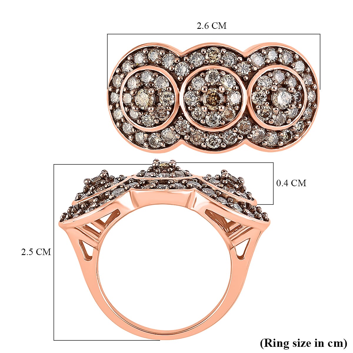 Natural Champagne Diamond Trilogy Circle Ring in 14K Rose Gold Plated Sterling Silver (Size 10.0) 1.50 ctw