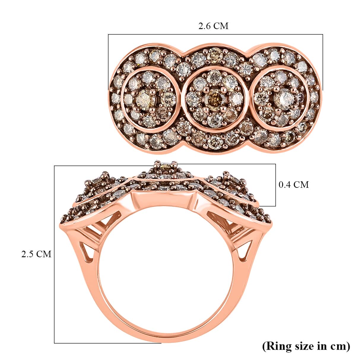 Natural Champagne Diamond Trilogy Circle Ring in 14K Rose Gold Plated Sterling Silver (Size 10.0) 1.50 ctw image number 5