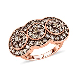 Natural Champagne Diamond Trilogy Circle Ring in 14K Rose Gold Plated Sterling Silver (Size 8.0) 1.50 ctw