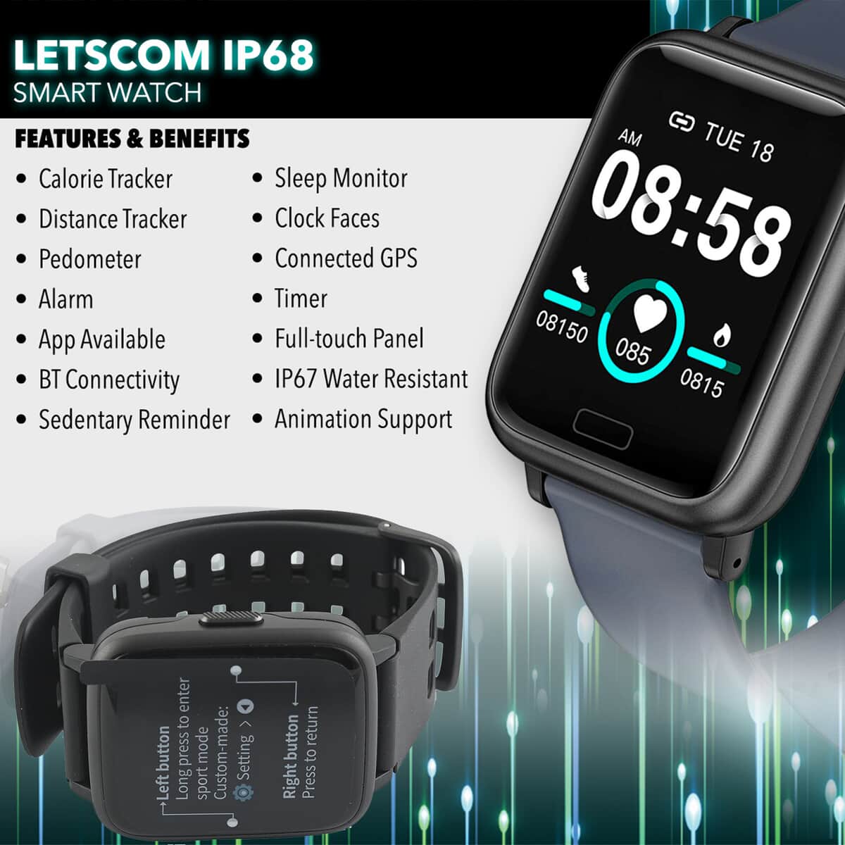LETSCOM IP68 Waterproof Fitness Tracker Smart Watch with Blue Strap (Compatible with iPhone and Android) image number 1