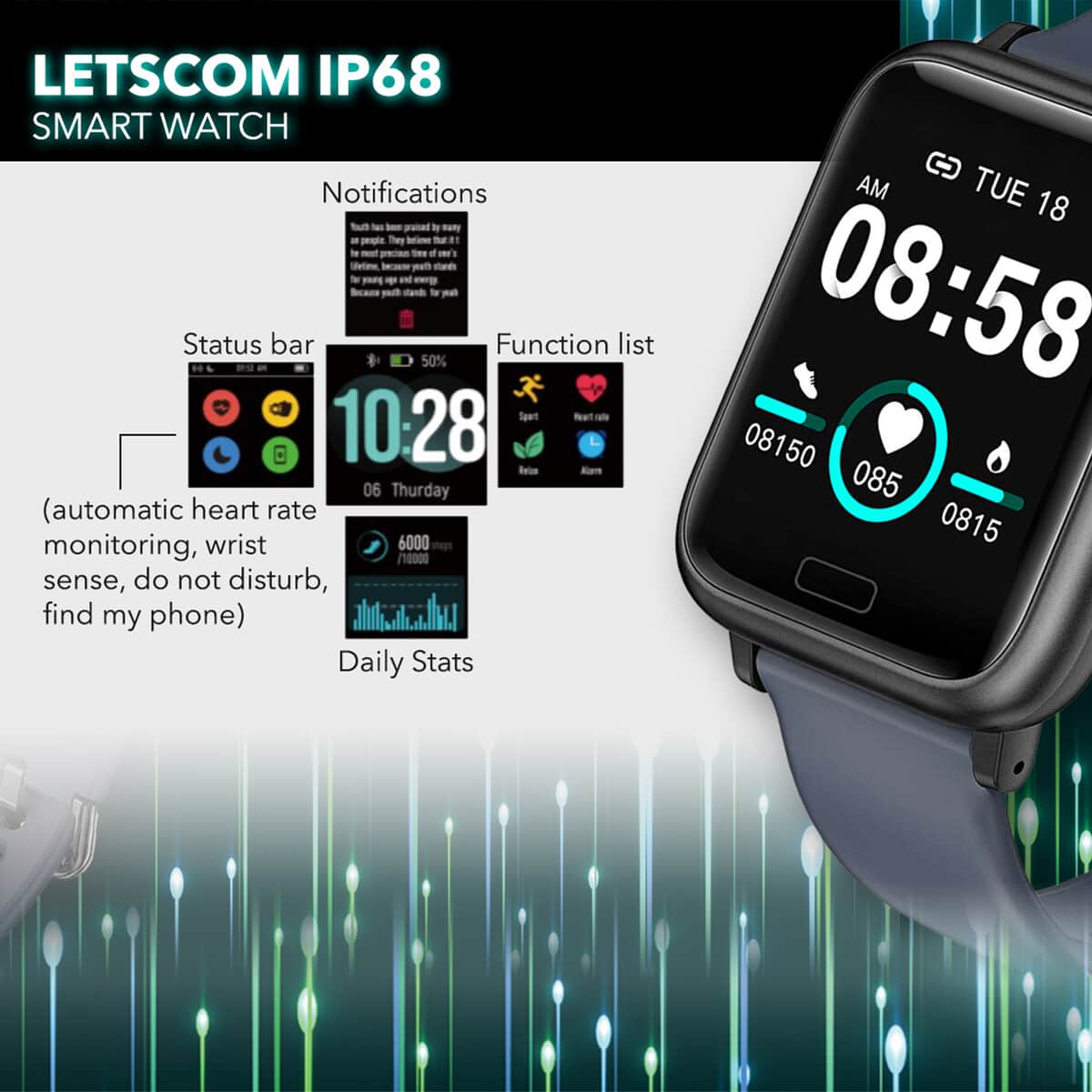 LETSCOM IP68 Waterproof Fitness Tracker Smart Watch with Blue Strap (Compatible with iPhone and Android) image number 3