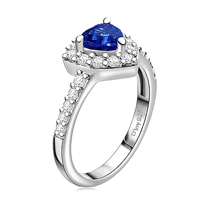 Tanzanite and Natural White Zircon Halo Ring in Platinum Over Sterling Silver (Size 10.0) 1.10 ctw