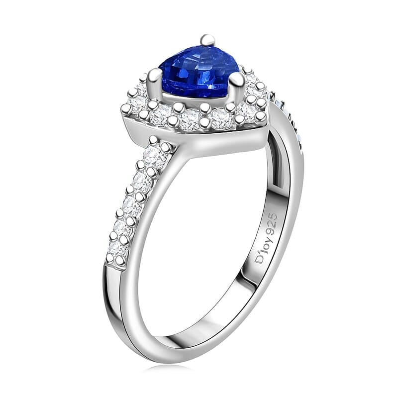 Tanzanite and Natural White Zircon Halo Ring in Platinum Over Sterling Silver (Size 10.0) 1.10 ctw