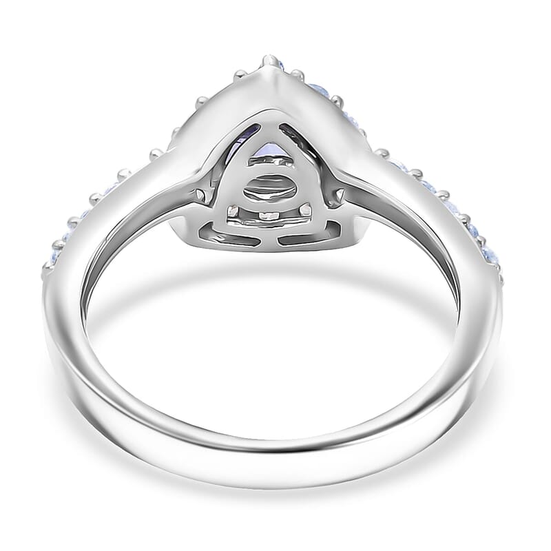 Tanzanite and Natural White Zircon Halo Ring in Platinum Over Sterling Silver (Size 10.0) 1.10 ctw