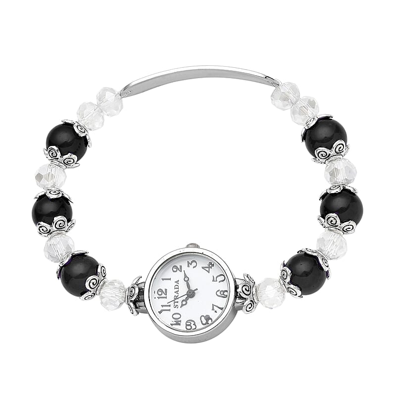 Strada Simulated Black and White Beaded Japanese Movement Stretch Bracelet Medical Alert Watch in Black Oxidized Silvertone 50.00 ctw