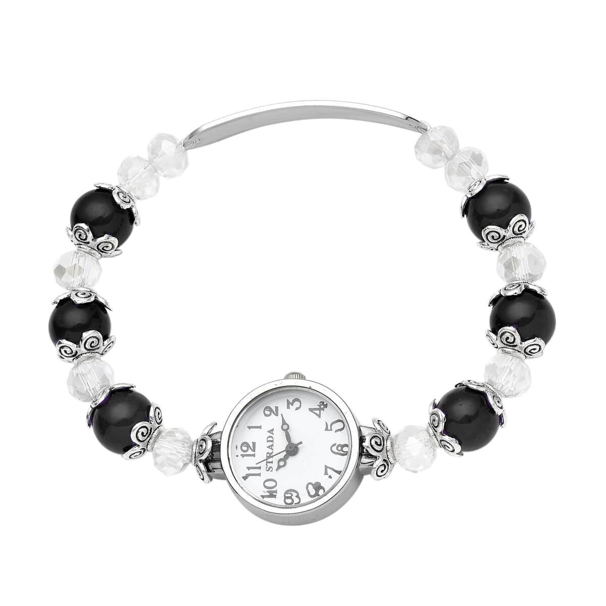 STRADA Simulated Black and White Beaded Japanese Movement Stretch Bracelet Watch in Black Oxidized Silvertone (7.25 In) image number 0
