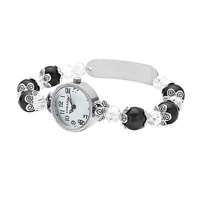 Strada Simulated Black and White Beaded Japanese Movement Stretch Bracelet Medical Alert Watch in Black Oxidized Silvertone 50.00 ctw
