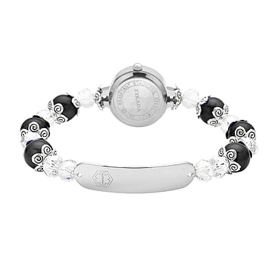 Strada Simulated Black and White Beaded Japanese Movement Stretch Bracelet Medical Alert Watch in Black Oxidized Silvertone 50.00 ctw