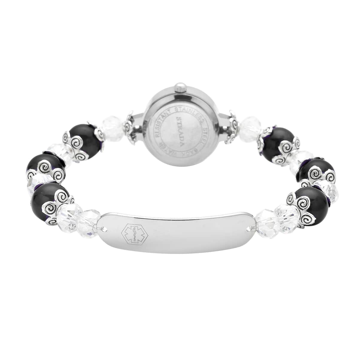 STRADA Simulated Black and White Beaded Japanese Movement Stretch Bracelet Watch in Black Oxidized Silvertone (7.25 In) image number 3